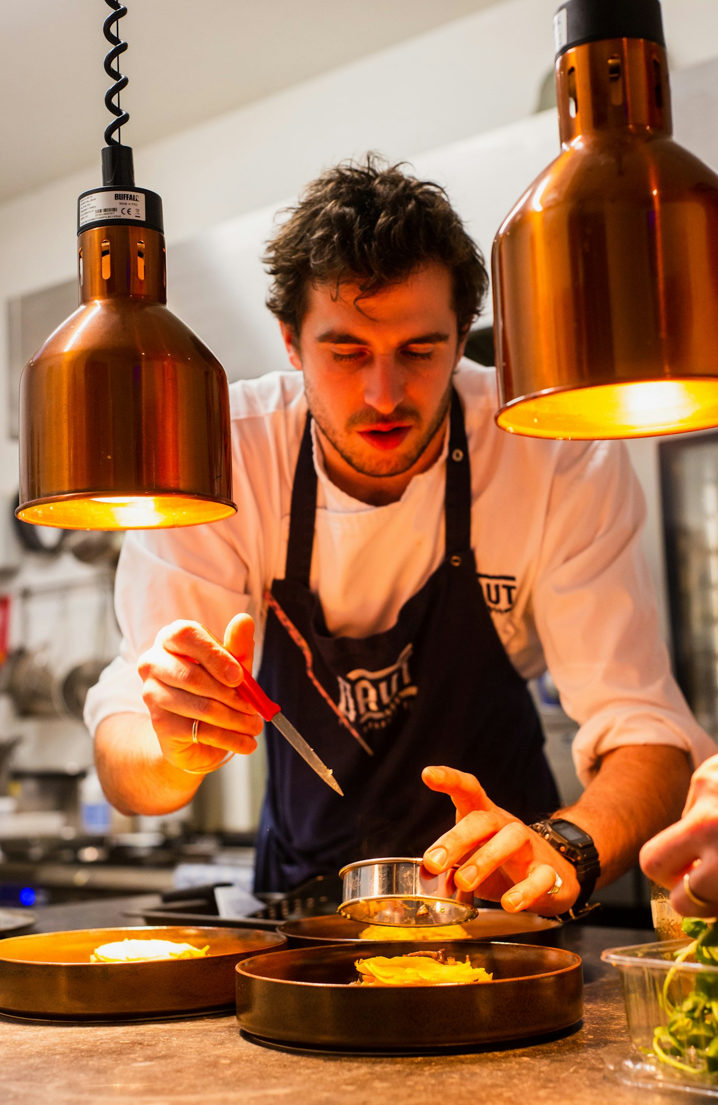 Chef plating a dish in a professional restaurant kitchen