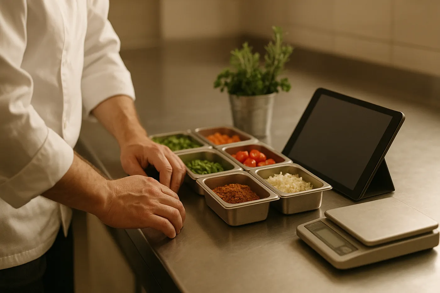A chef at a stainless steel bench with prepped ingredients in steel trays, a tablet and a weighing scale