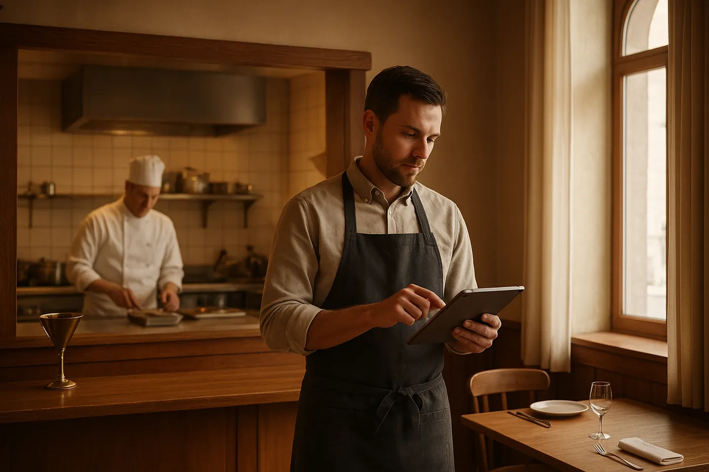 A restaurant manager reviewing the day on a tablet at the pass, with a chef preparing service in the kitchen behind